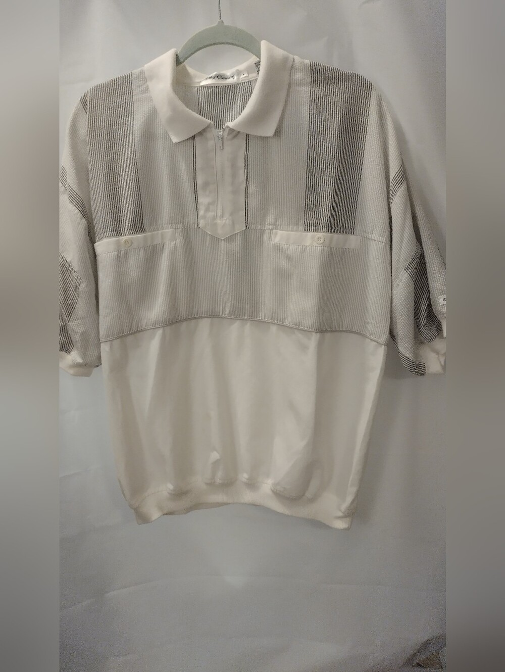 Vintage Men's White and Gray Short-Sleeve Polo Shirt Oleg Cassini Size large